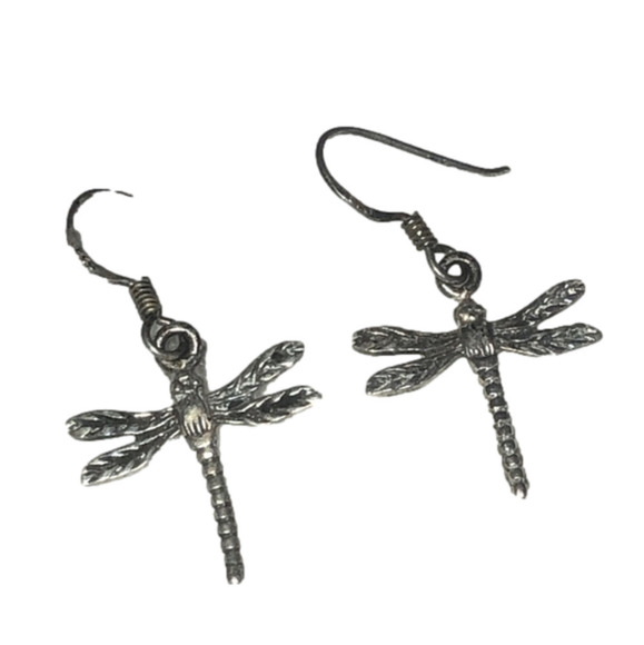 Vtg Sterling Silver Dragonfly Insect Dangle Earrings Shepherds Hook Posts 1.4” - Picture 1 of 6